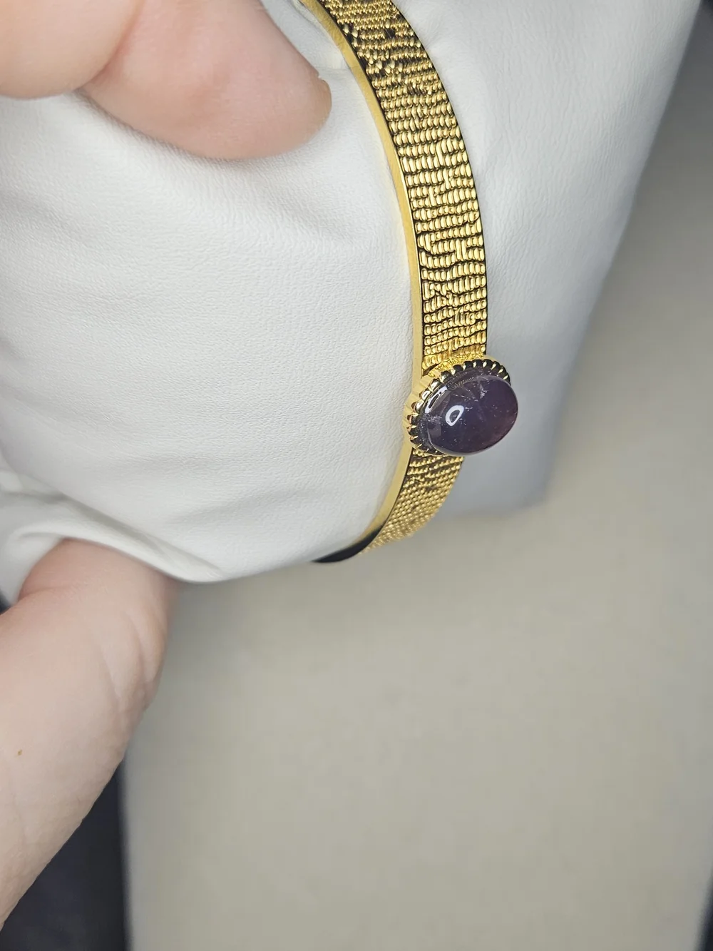 Gold Tone Stainless Steel Open Cuff Bracelet with Purple Gemstone Center